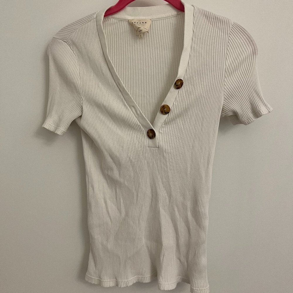 Sezane White T-Shirt Ribbed V-Neck with Buttons (size small)